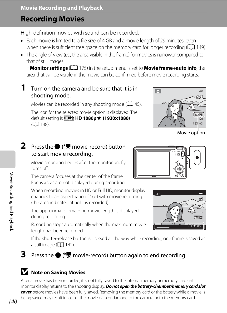 Movie recording and playback, Recording movies, A 140 | A 140) | Nikon S9100 User Manual | Page 152 / 236