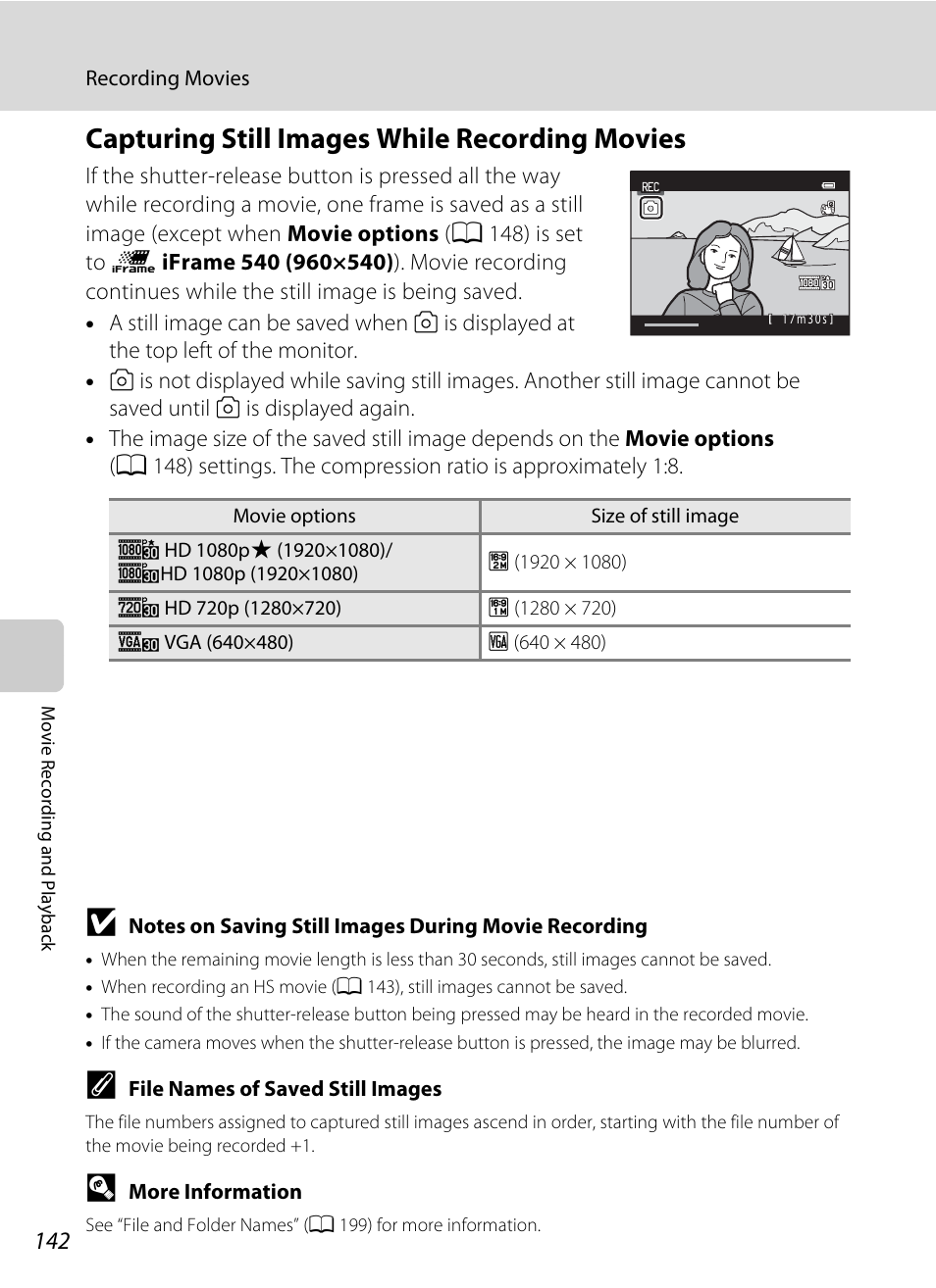 Capturing still images while recording movies, A 142) | Nikon S9100 User Manual | Page 154 / 236