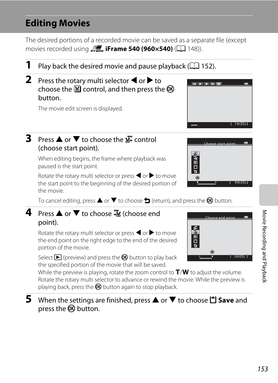 Editing movies, A 153) | Nikon S9100 User Manual | Page 165 / 236