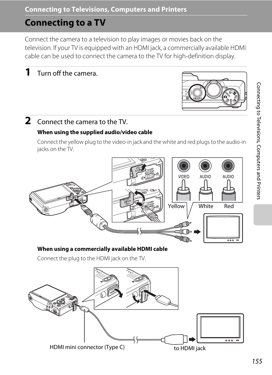 Connecting to televisions, computers and printers, Connecting to a tv | Nikon S9100 User Manual | Page 167 / 236