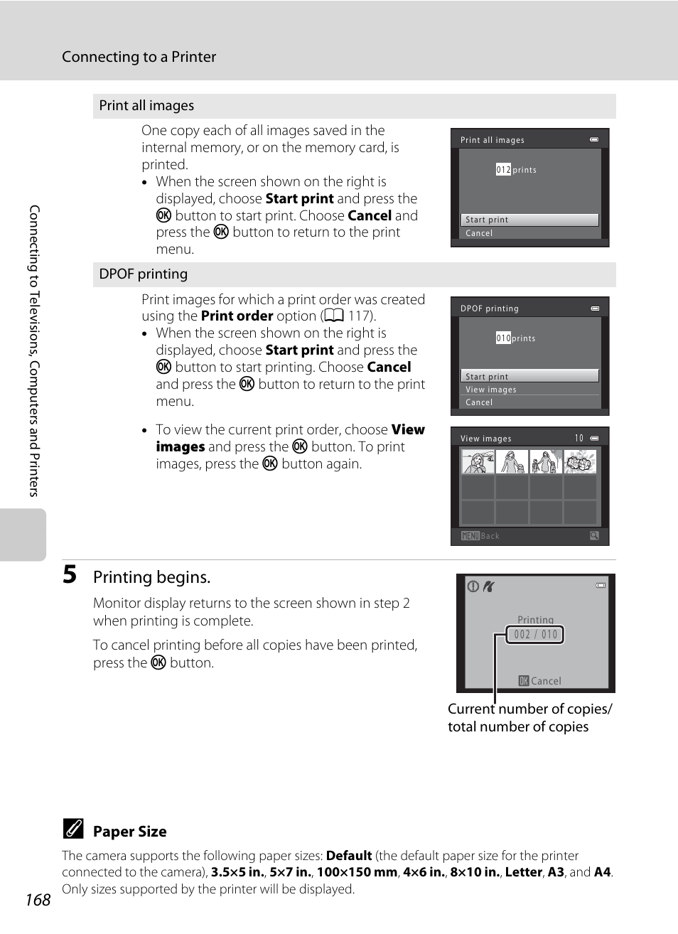 A 168), Printing begins | Nikon S9100 User Manual | Page 180 / 236