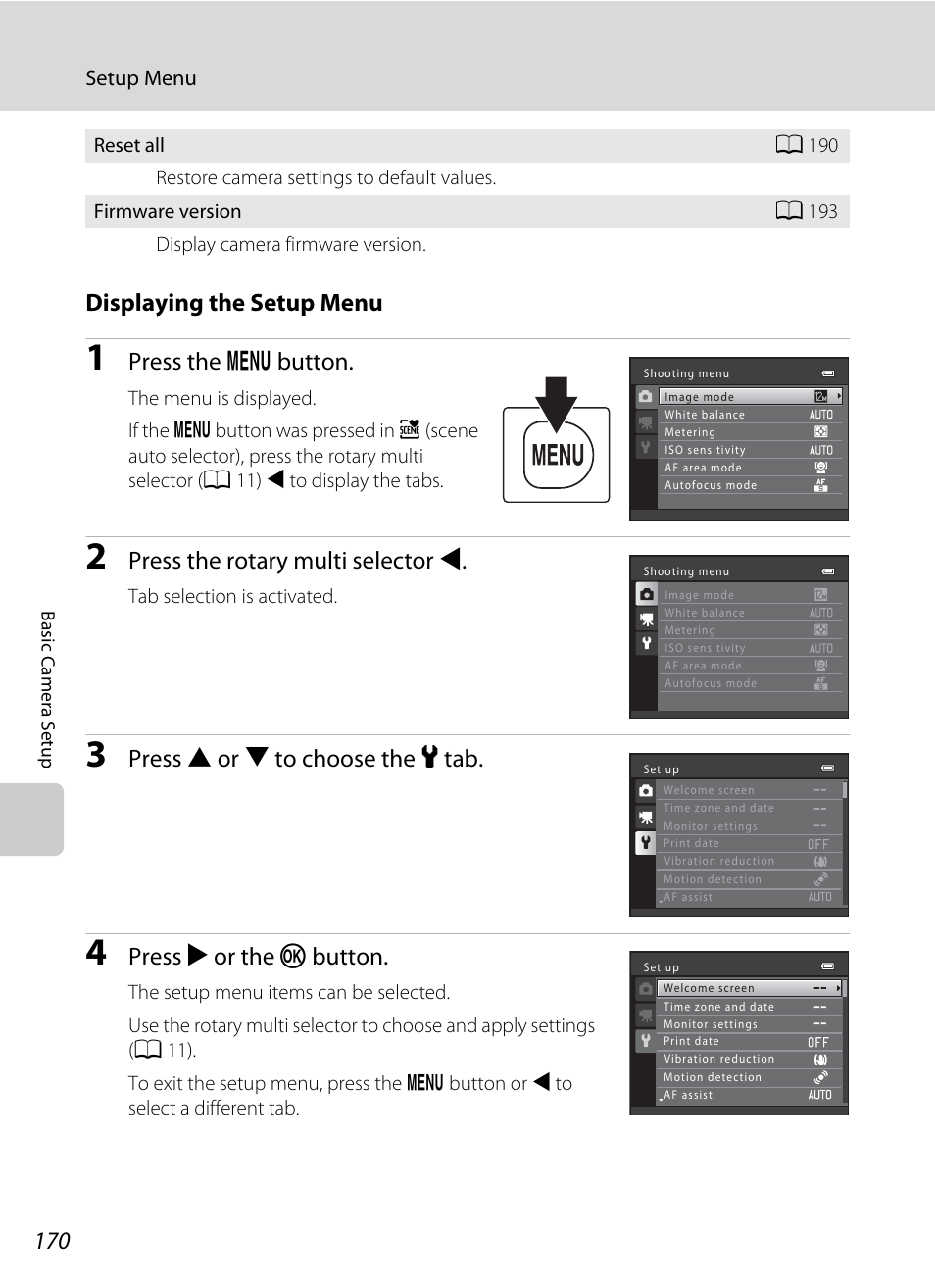 Displaying the setup menu, Press the d button, Press the rotary multi selector j | Press h or i to choose the z tab, Press k or the k button | Nikon S9100 User Manual | Page 182 / 236