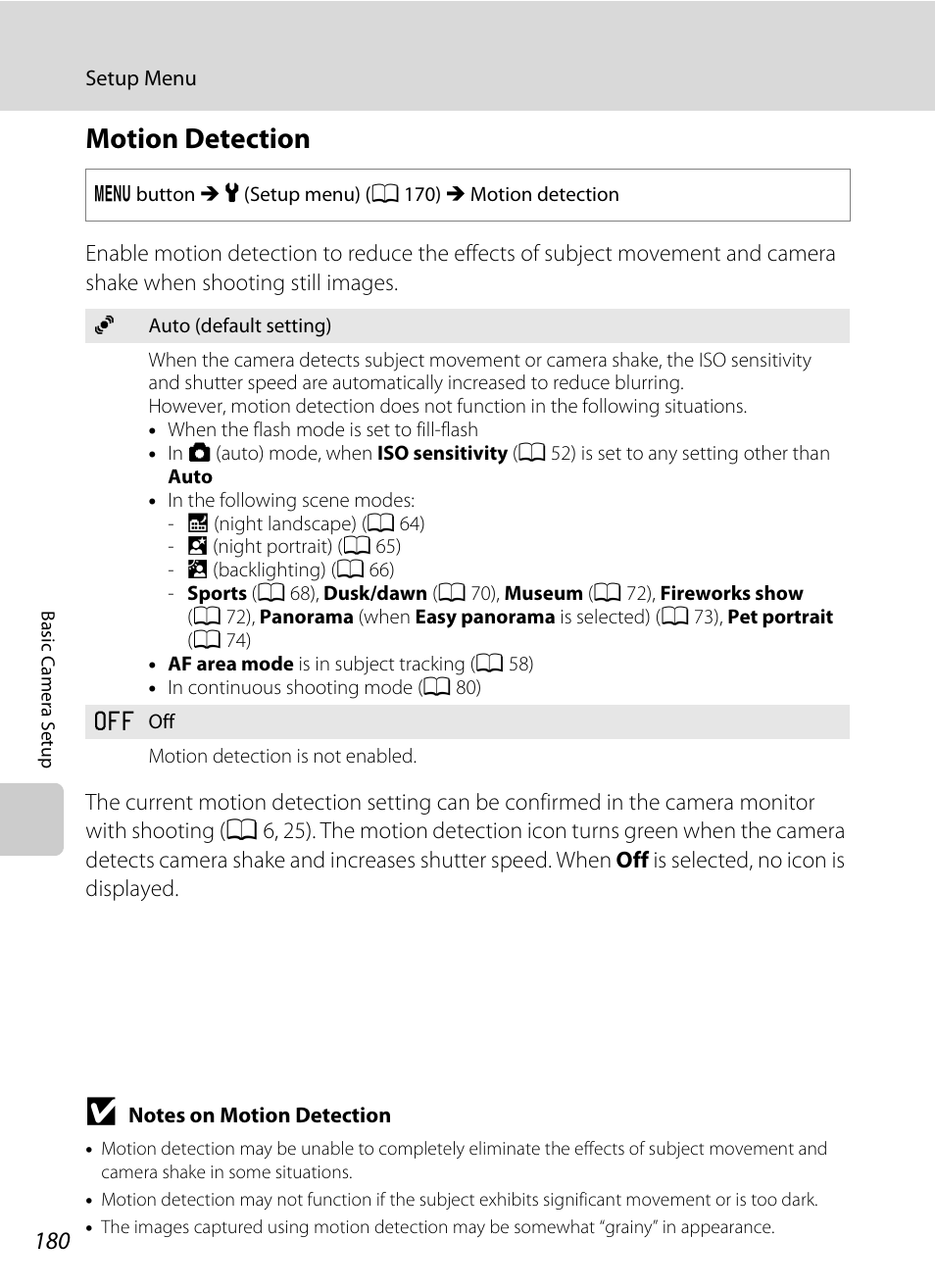 Motion detection, A 180) i, A 180) doe | A 180), A 180 | Nikon S9100 User Manual | Page 192 / 236