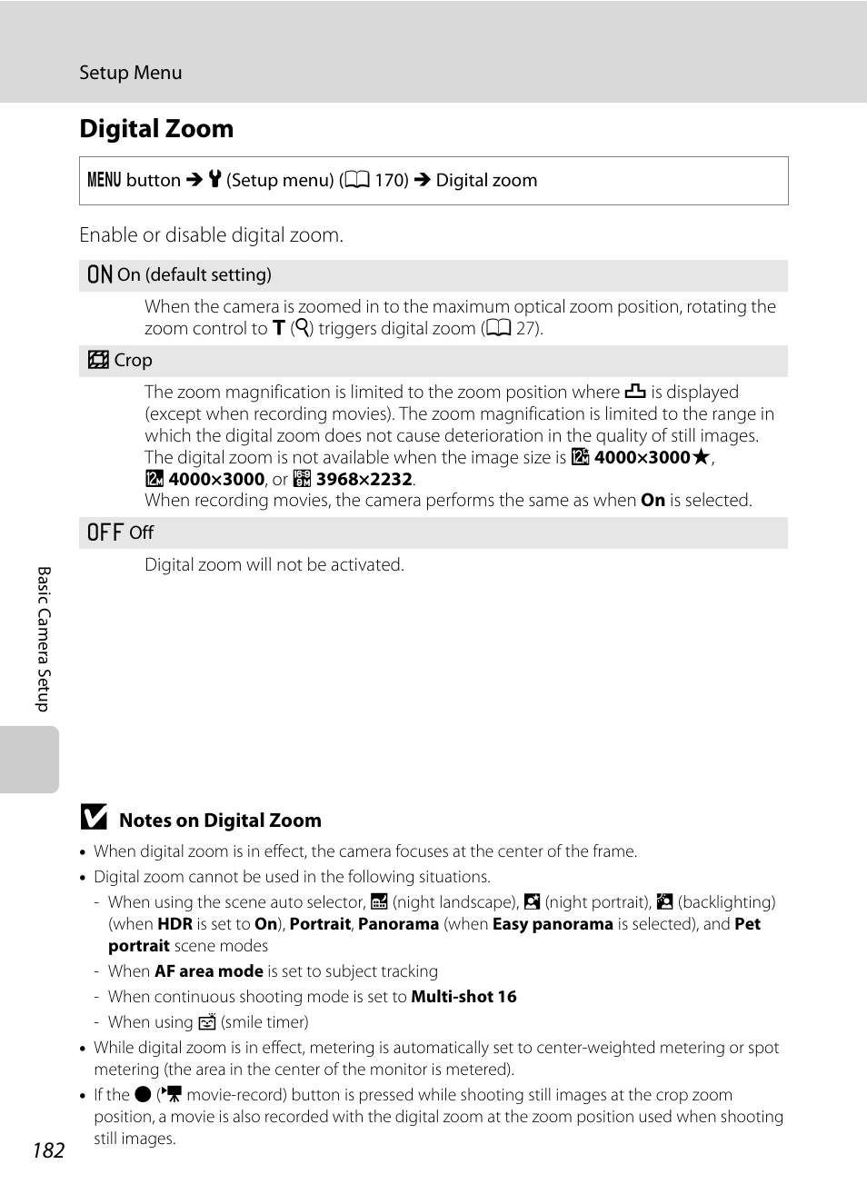 Digital zoom, A 182) i, See “notes on digital zoom | A 182) for, A 182 | Nikon S9100 User Manual | Page 194 / 236
