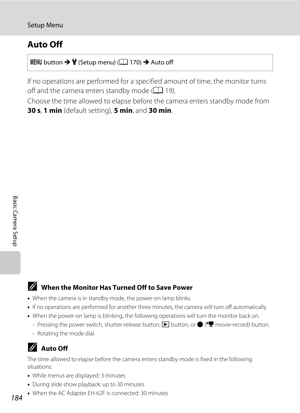 Auto off, A 184) in the, A 184) | A 184 | Nikon S9100 User Manual | Page 196 / 236