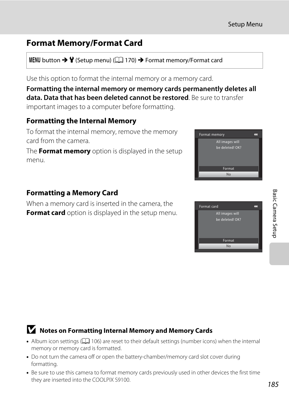 Format memory/format card, A 185), A 185 | Nikon S9100 User Manual | Page 197 / 236