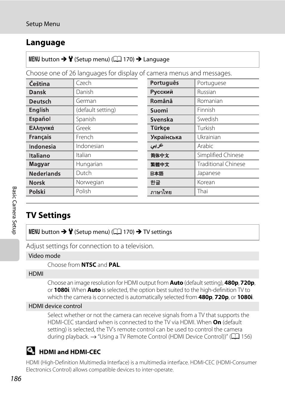 Language, Tv settings, Language tv settings | A 186), A 186) of, A 186 | Nikon S9100 User Manual | Page 198 / 236