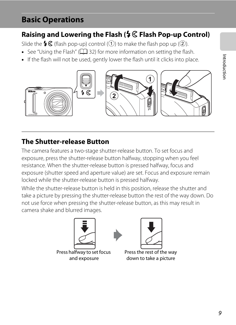 Basic operations, The shutter-release button, Raising and lowering the flash | K flash pop-up control) | Nikon S9100 User Manual | Page 21 / 236