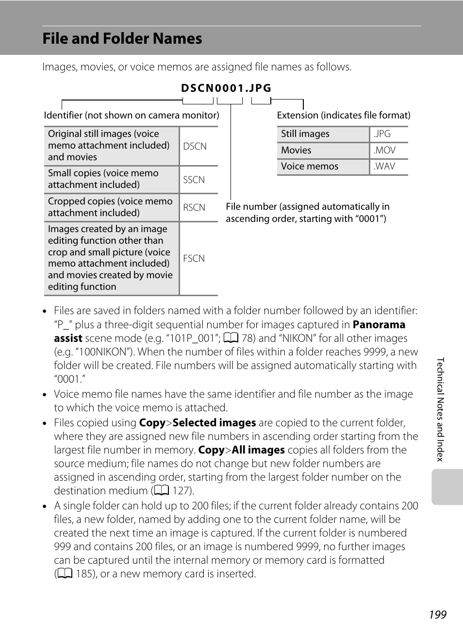 File and folder names, A 199) f, A 199) or | A 199). the editing f, Ee “file and folder names, A 199) for, Rrent file number, A 199) from memory | Nikon S9100 User Manual | Page 211 / 236