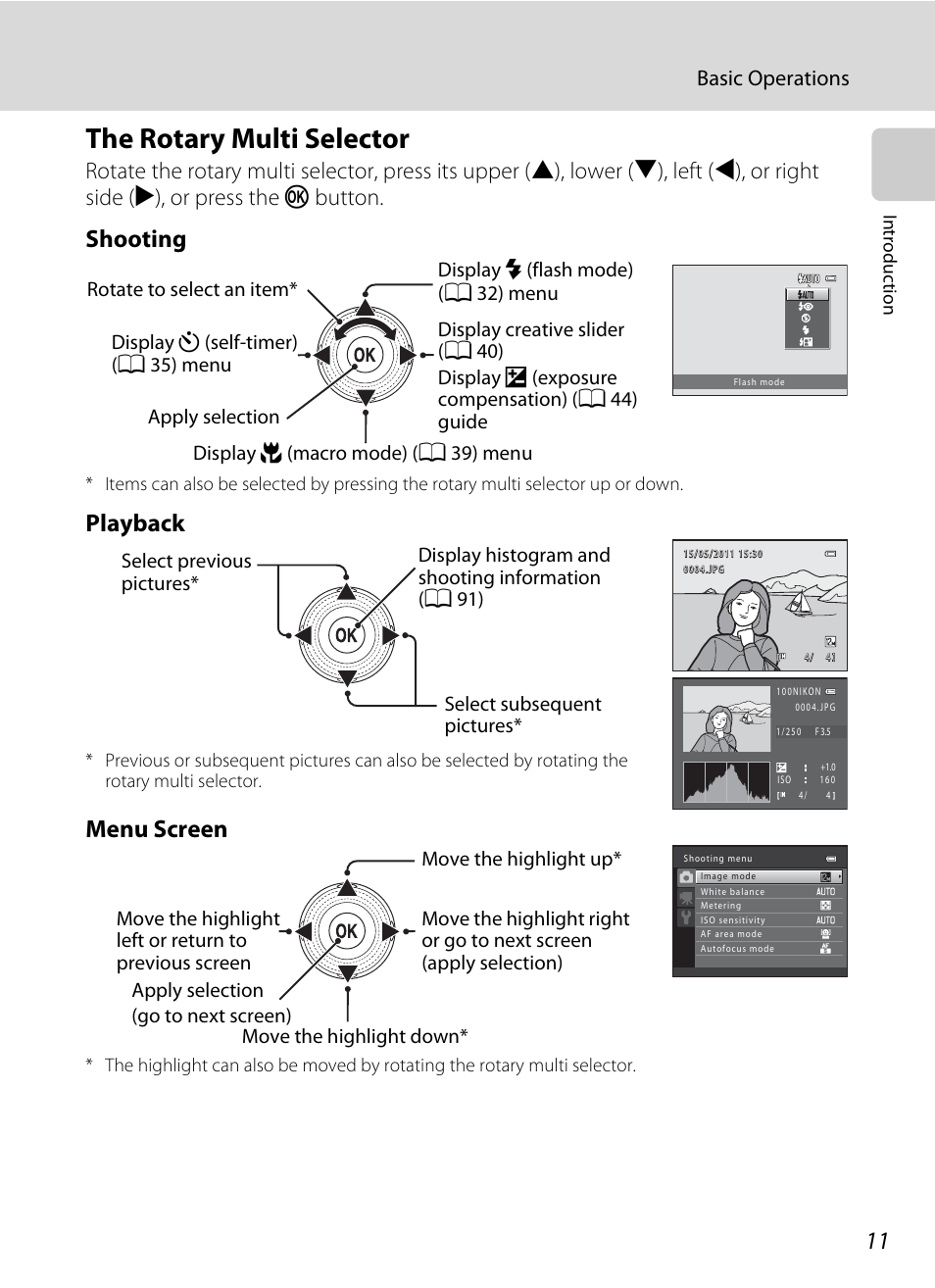 The rotary multi selector, Shooting, Playback | Menu screen, Basic operations | Nikon S9100 User Manual | Page 23 / 236