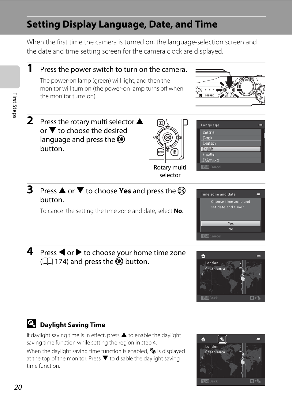 Setting display language, date, and time | Nikon S9100 User Manual | Page 32 / 236