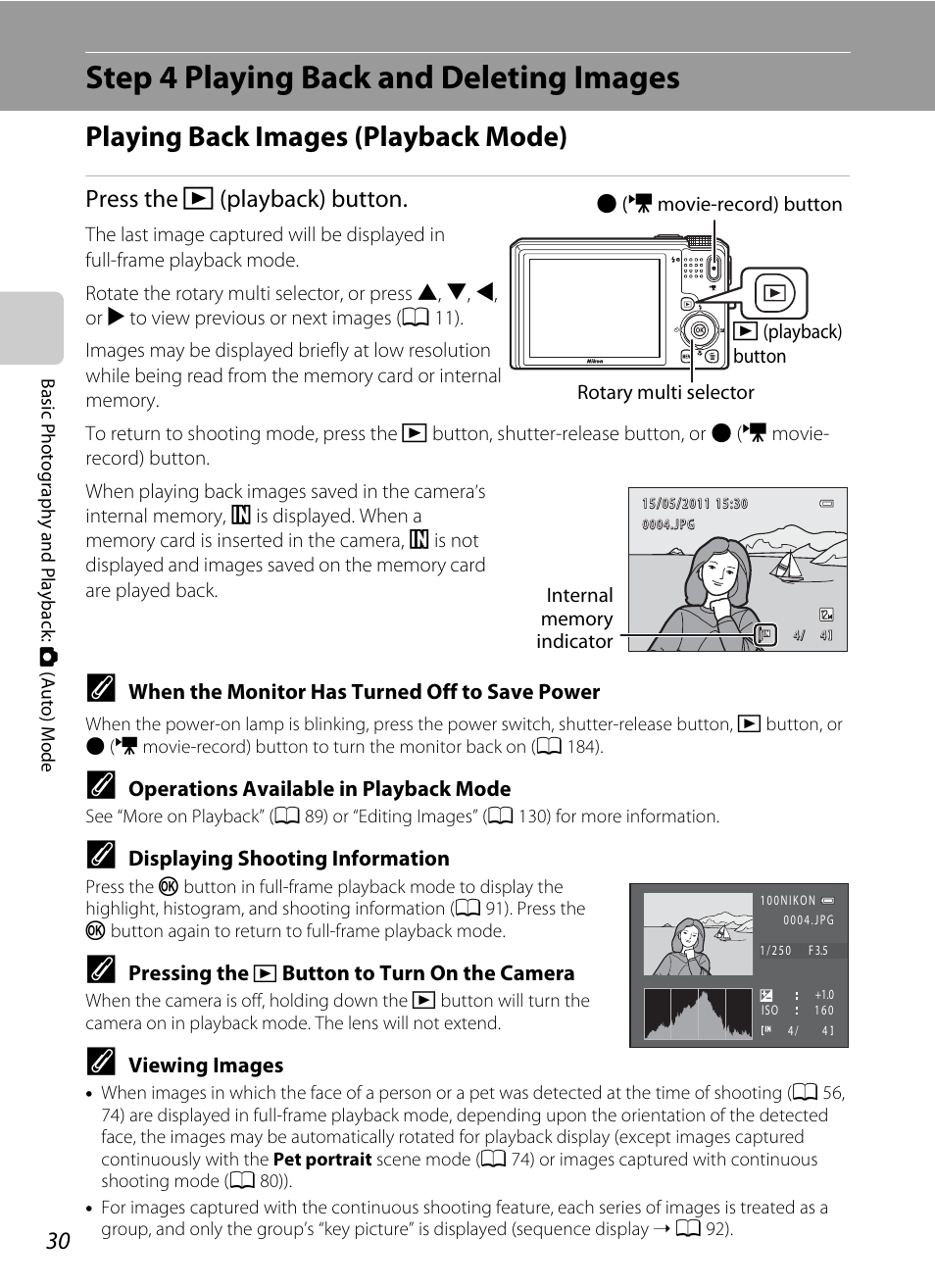 Step 4 playing back and deleting images, Playing back images (playback mode), Ck mode | A 30), Press the c (playback) button | Nikon S9100 User Manual | Page 42 / 236