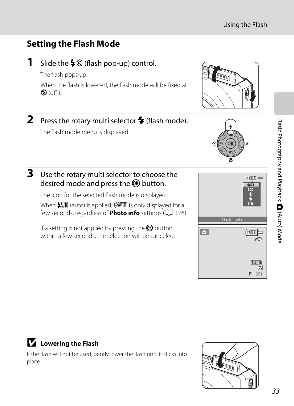 Setting the flash mode | Nikon S9100 User Manual | Page 45 / 236