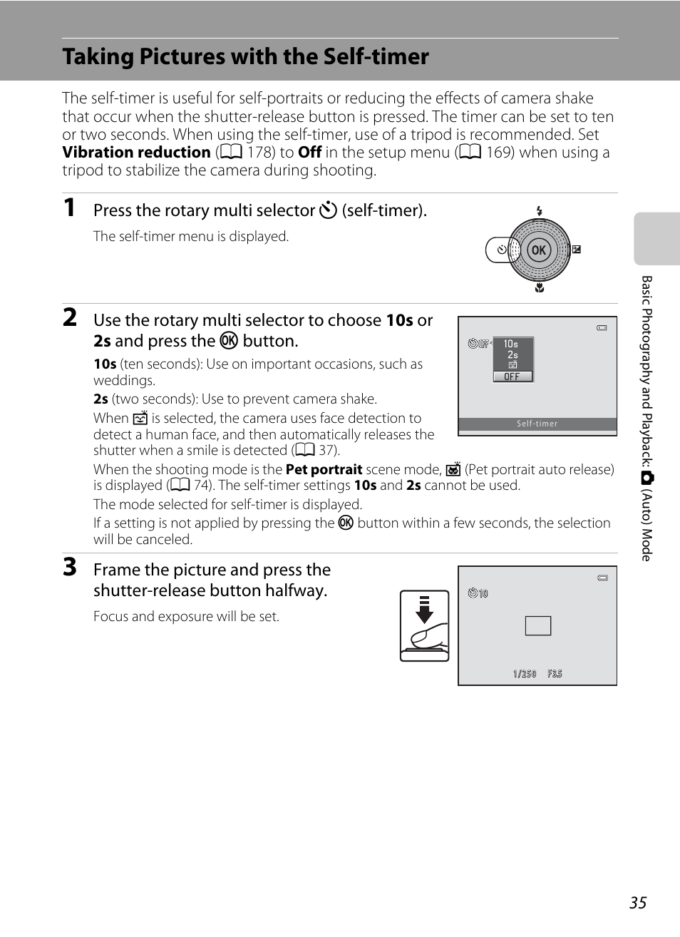 Taking pictures with the self-timer, A 35) menu, A 35) a | Nikon S9100 User Manual | Page 47 / 236