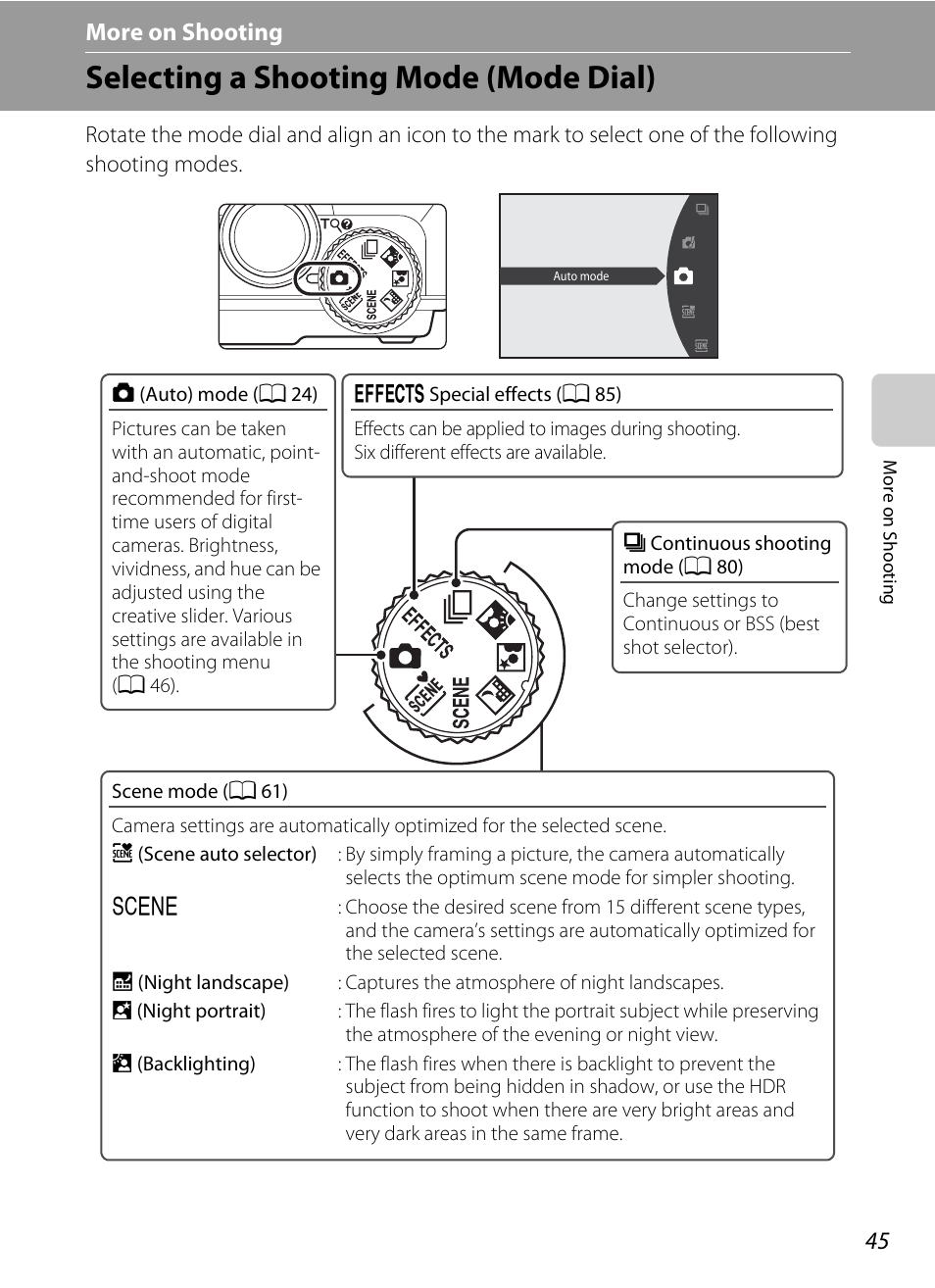 More on shooting, Selecting a shooting mode (mode dial), A 45) | Nikon S9100 User Manual | Page 57 / 236