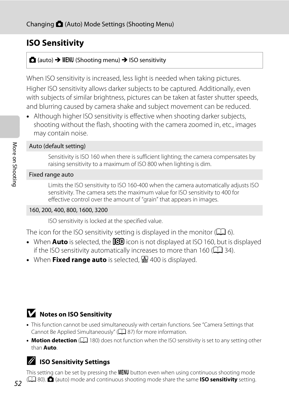 Iso sensitivity, A 52 | Nikon S9100 User Manual | Page 64 / 236