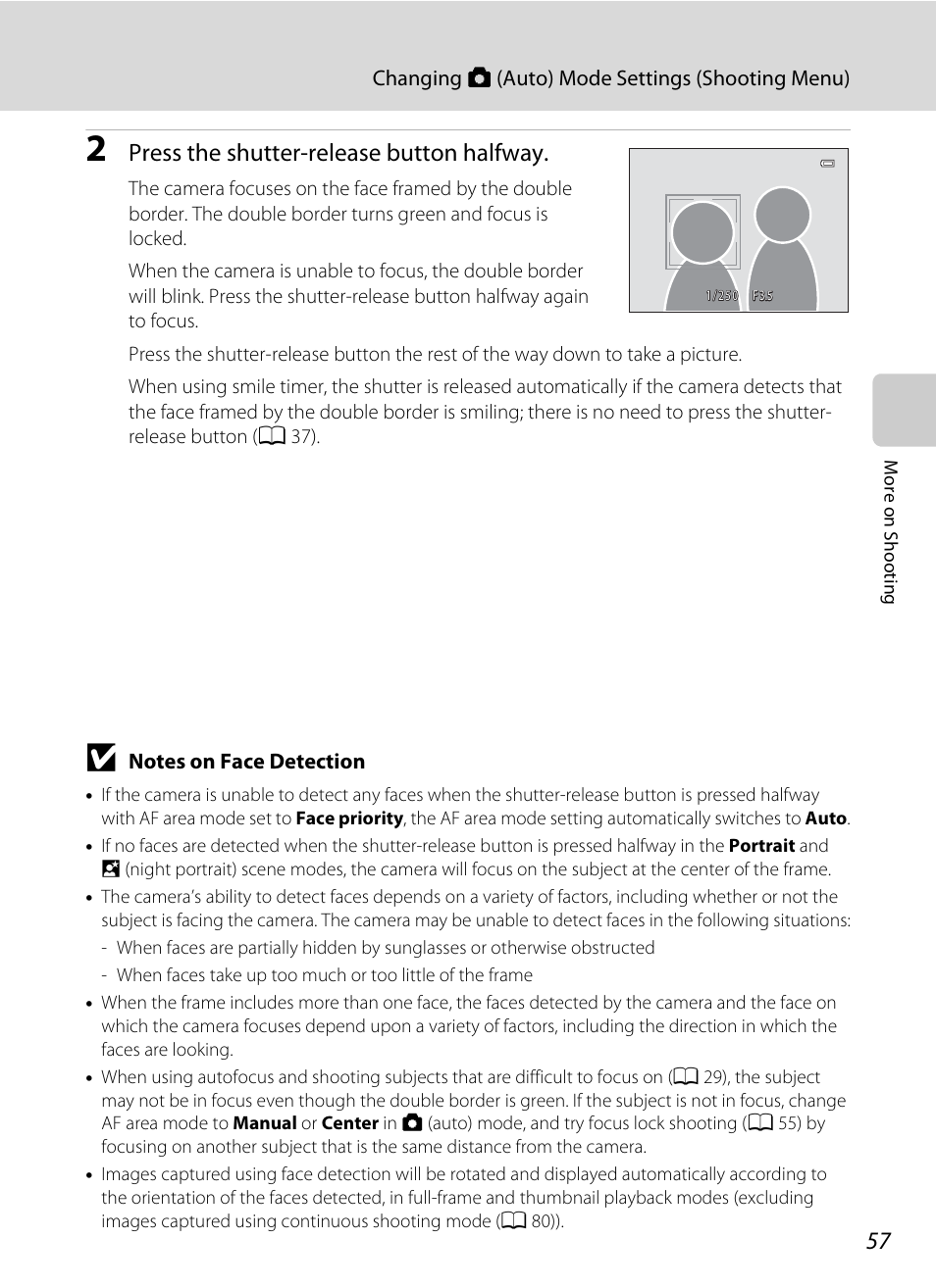 Notes on face detection, A 57), Press the shutter-release button halfway | Nikon S9100 User Manual | Page 69 / 236