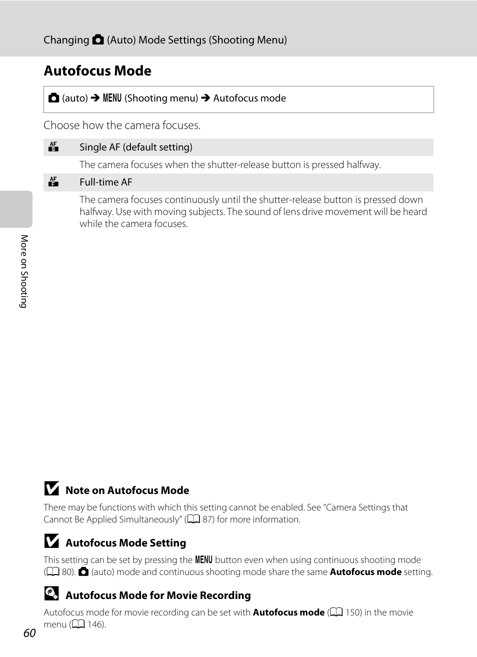 Autofocus mode, A 60 | Nikon S9100 User Manual | Page 72 / 236