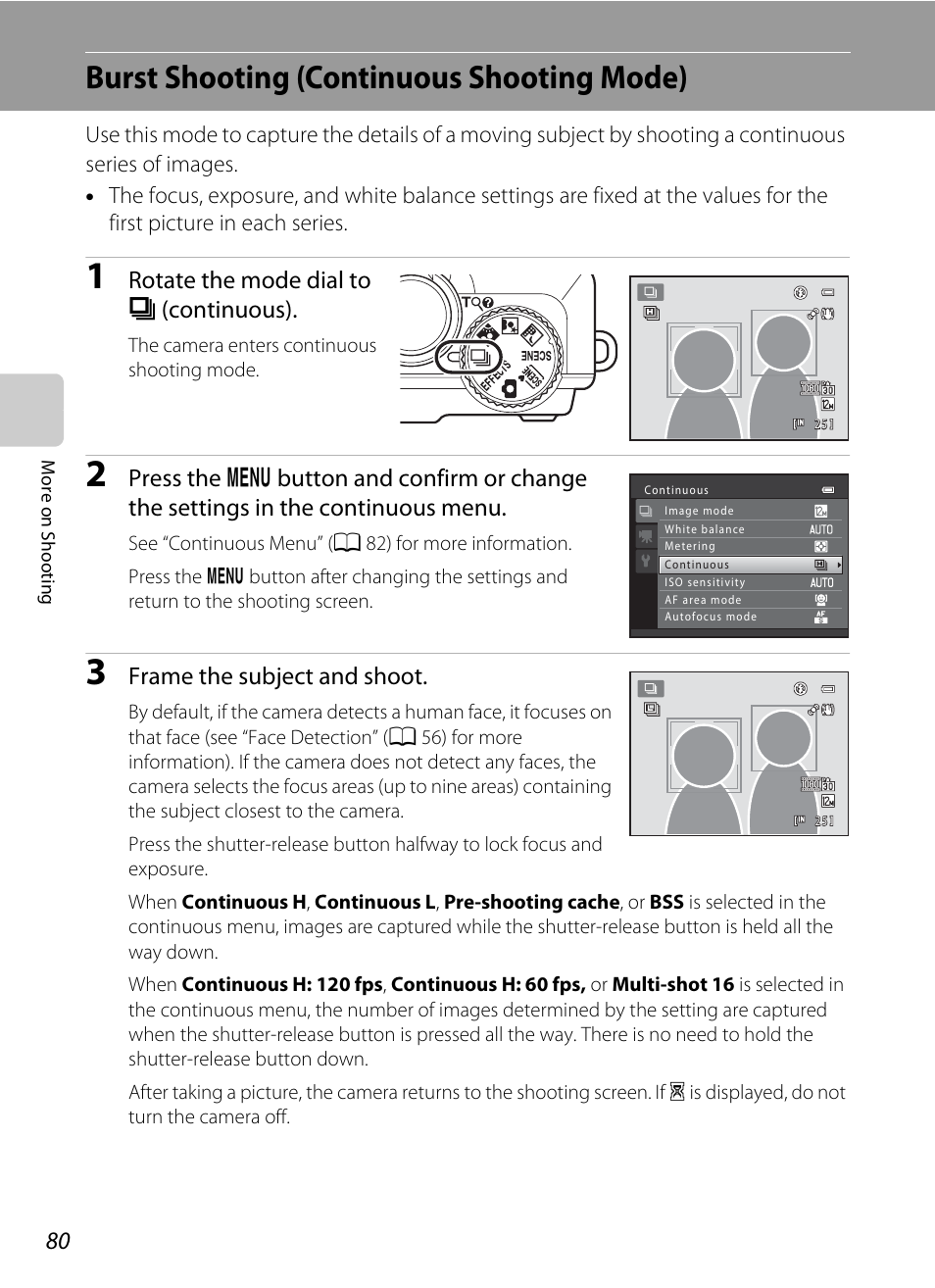 Burst shooting (continuous shooting mode), A 80)), A 80) | A 80, Mode, Rotate the mode dial to c (continuous), Frame the subject and shoot | Nikon S9100 User Manual | Page 92 / 236