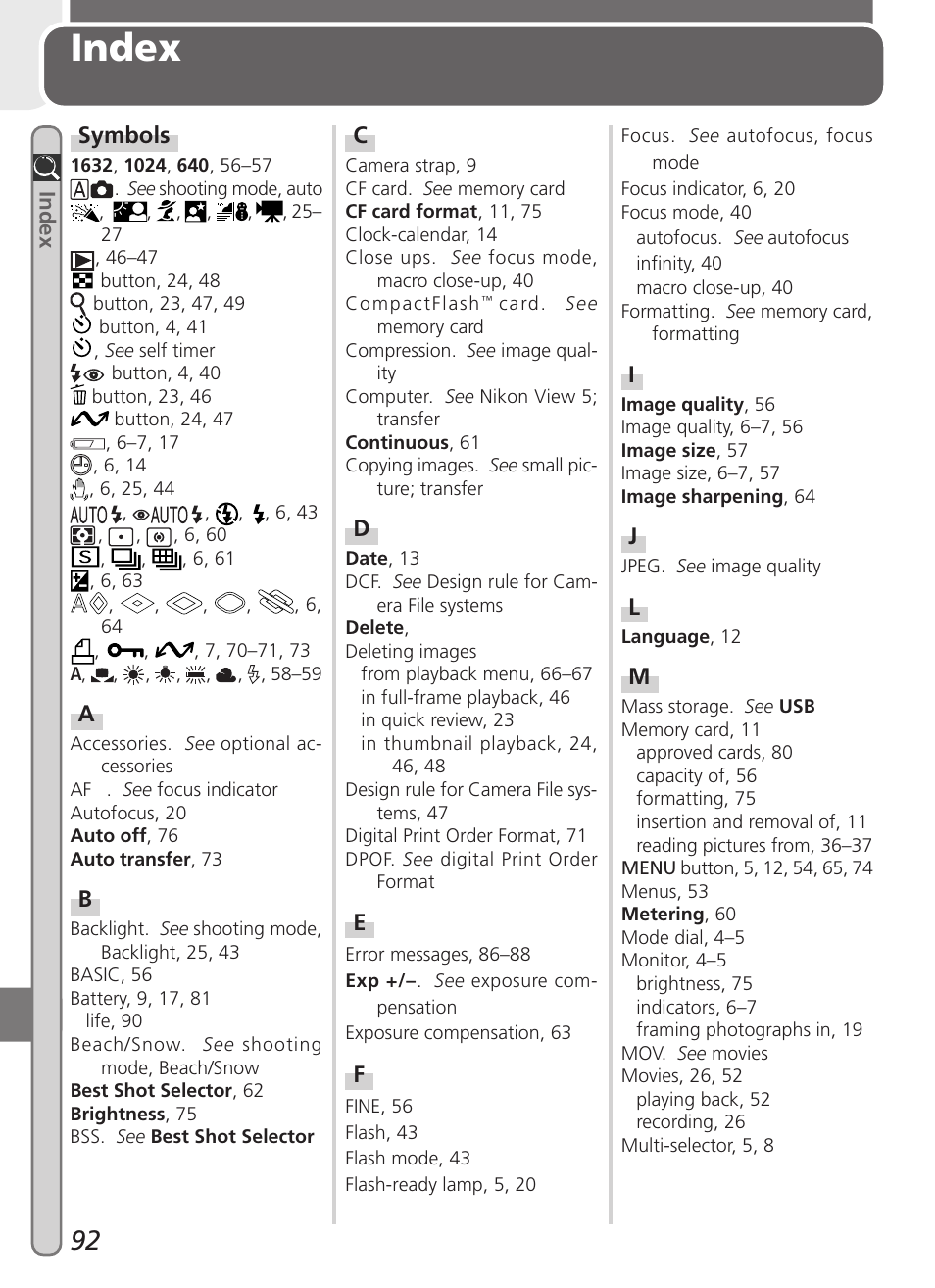 Index | Nikon 2000 User Manual | Page 102 / 104