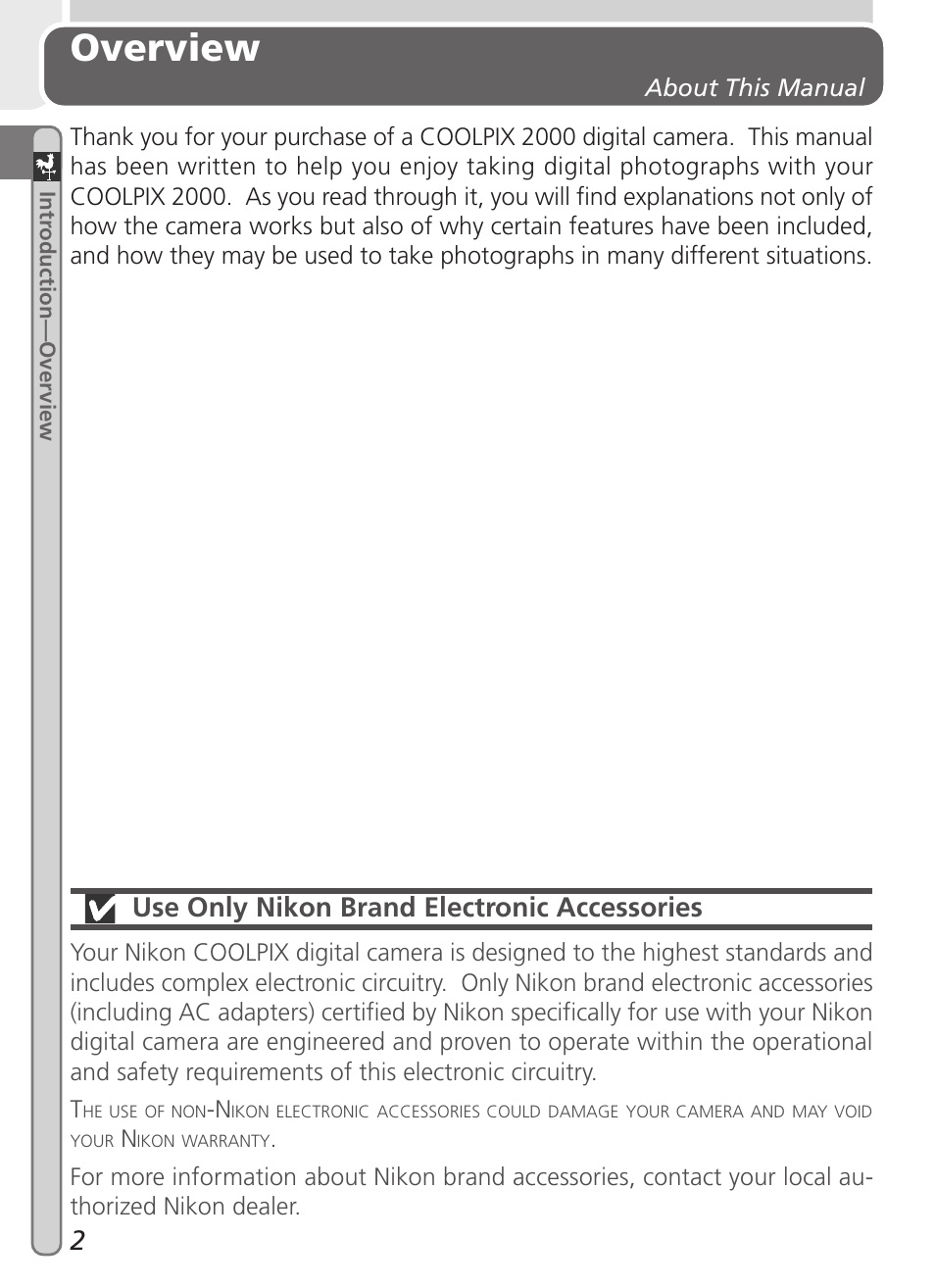 Overview, Use only nikon brand electronic accessories | Nikon 2000 User Manual | Page 12 / 104