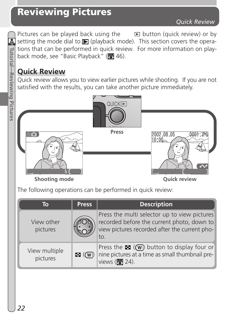 Reviewing pictures, Quick review | Nikon 2000 User Manual | Page 32 / 104