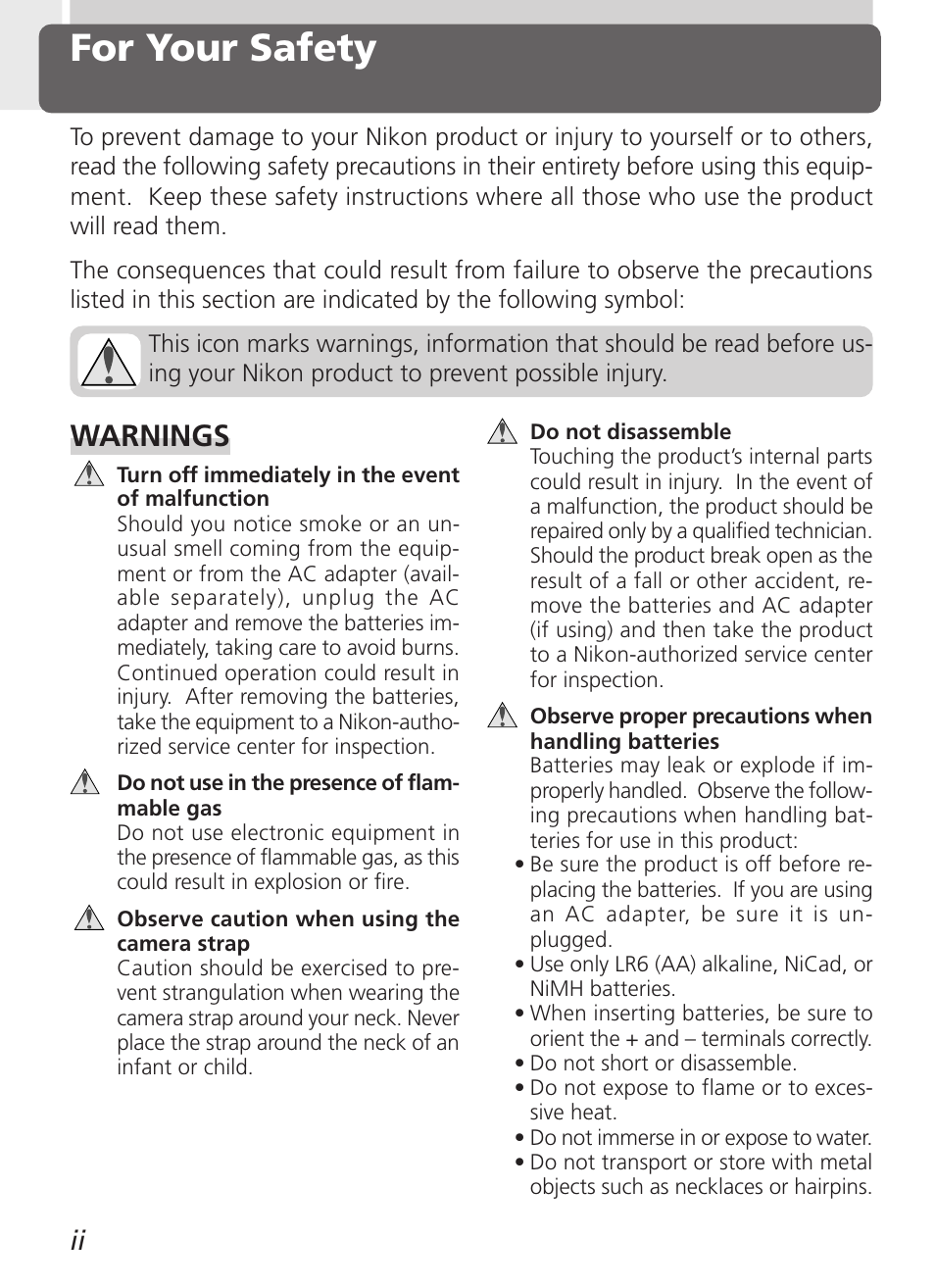 For your safety, Warnings | Nikon 2000 User Manual | Page 4 / 104