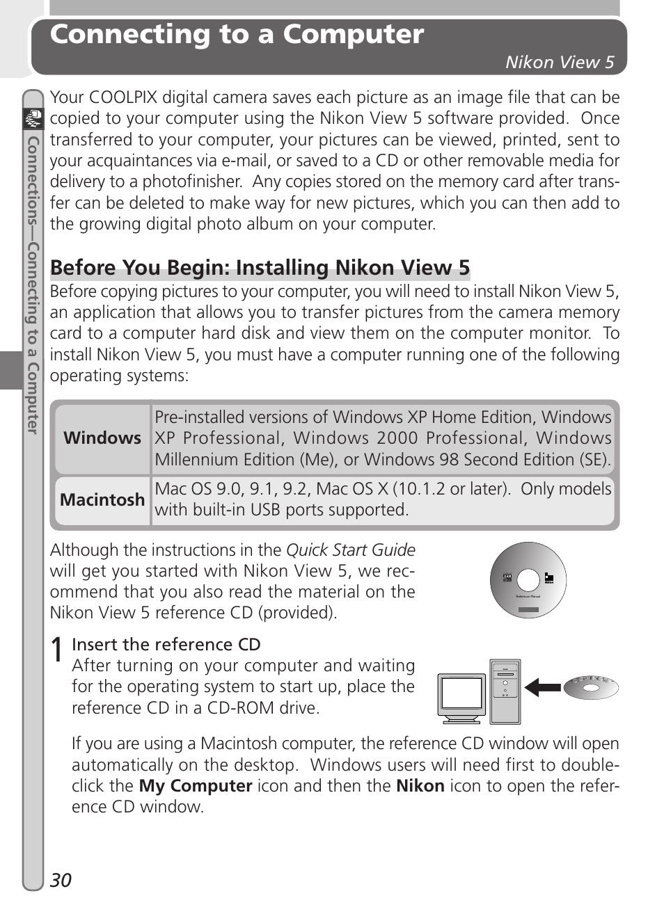 Connecting to a computer, Before you begin: installing nikon view 5, Nikon view 5 | Nikon 2000 User Manual | Page 40 / 104
