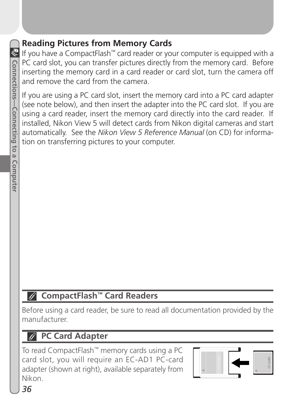 Compactflash, Card readers, Pc card adapter | Nikon 2000 User Manual | Page 46 / 104