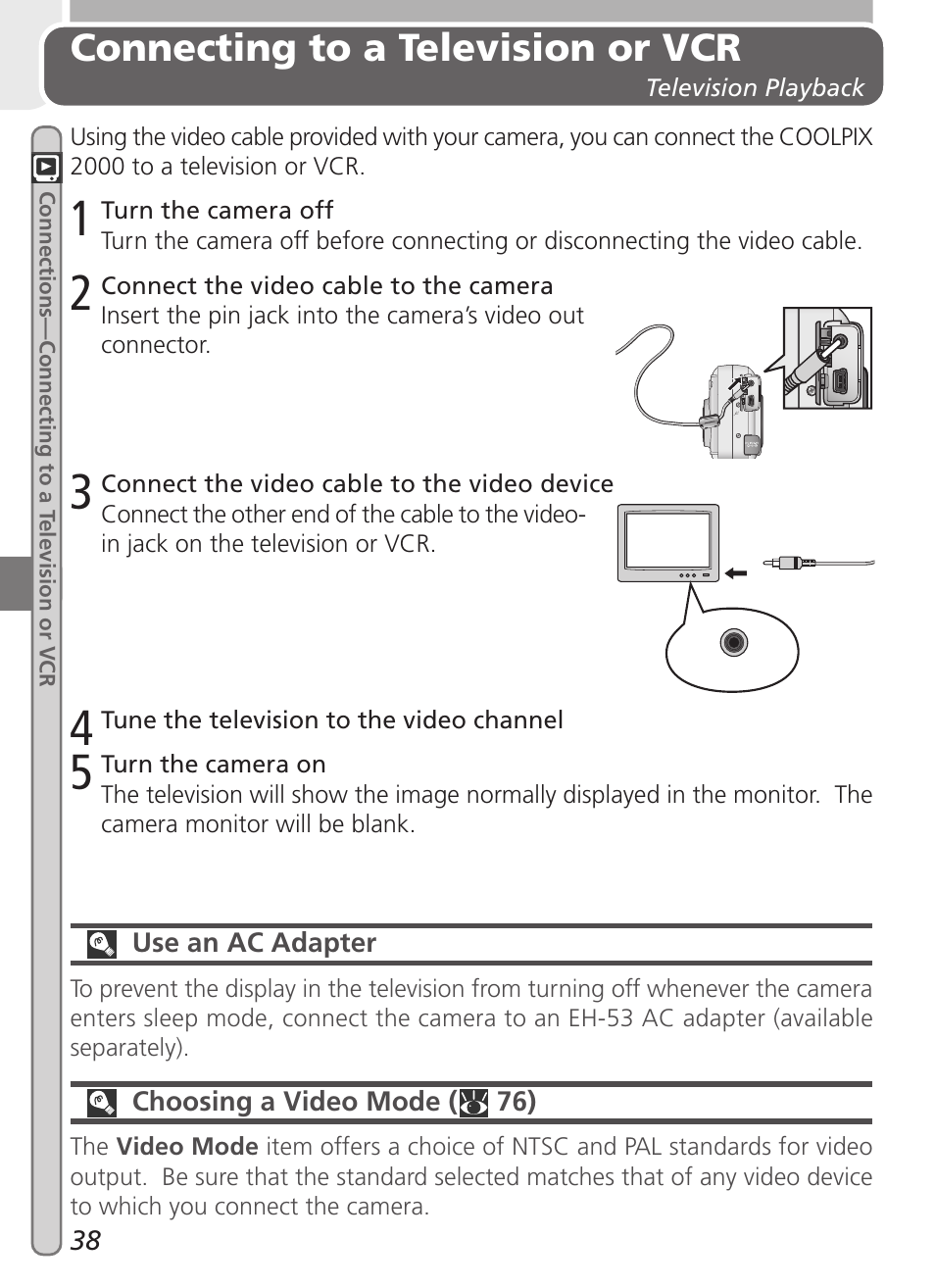 Connecting to a television or vcr | Nikon 2000 User Manual | Page 48 / 104