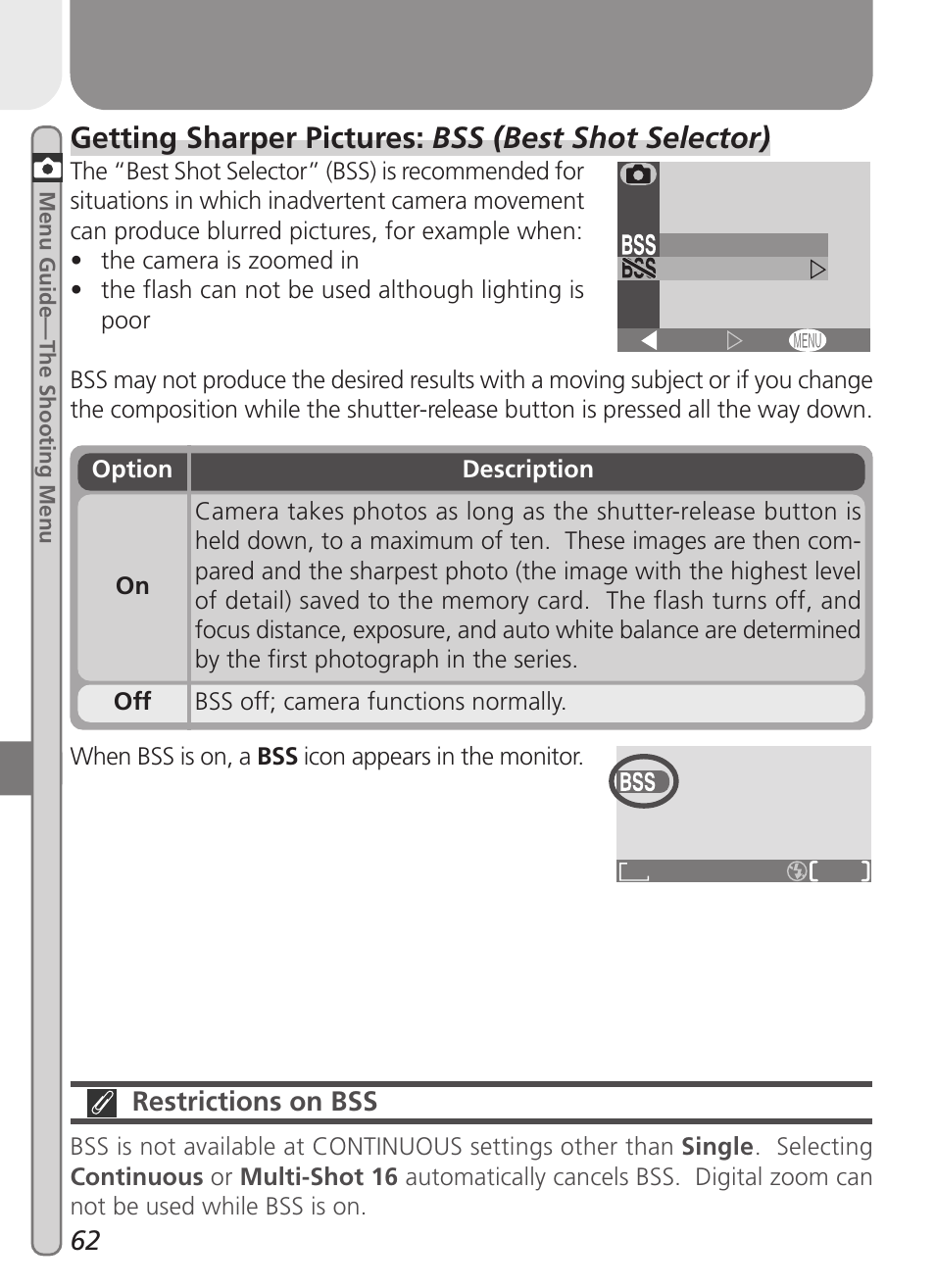 Getting sharper pictures: bss (best shot selector), Restrictions on bss | Nikon 2000 User Manual | Page 72 / 104