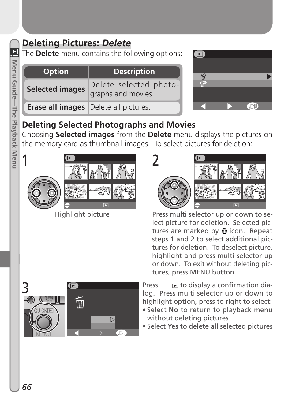 Deleting pictures: delete, Deleting selected photographs and movies | Nikon 2000 User Manual | Page 76 / 104