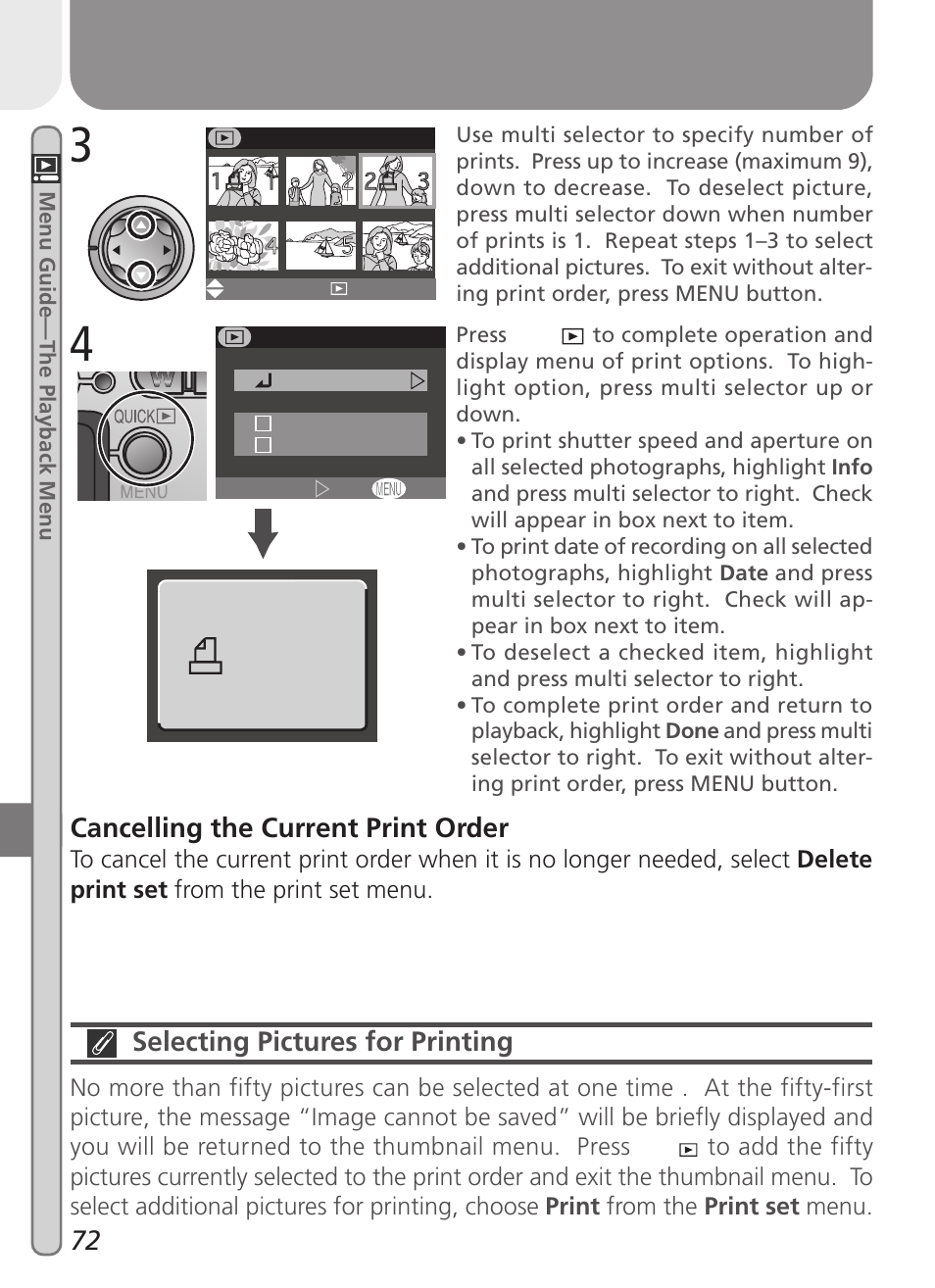 Cancelling the current print order, Selecting pictures for printing | Nikon 2000 User Manual | Page 82 / 104