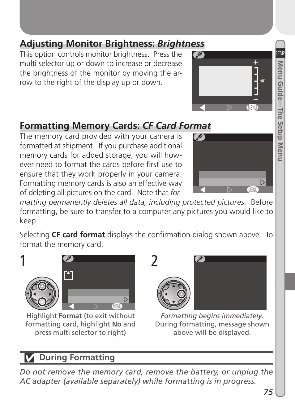 Adjusting monitor brightness: brightness, During formatting | Nikon 2000 User Manual | Page 85 / 104