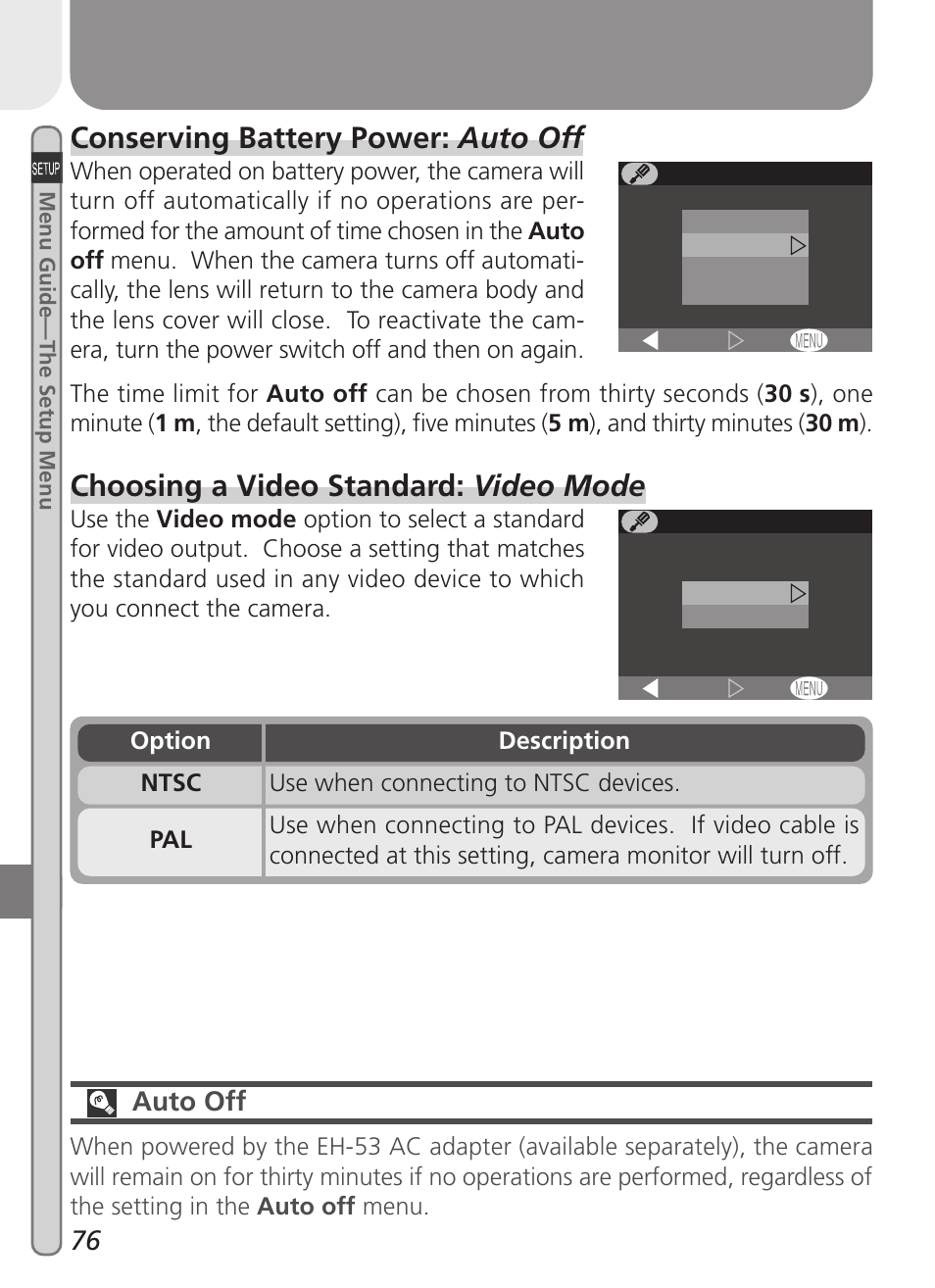 Conserving battery power: auto off, Choosing a video standard: video mode | Nikon 2000 User Manual | Page 86 / 104