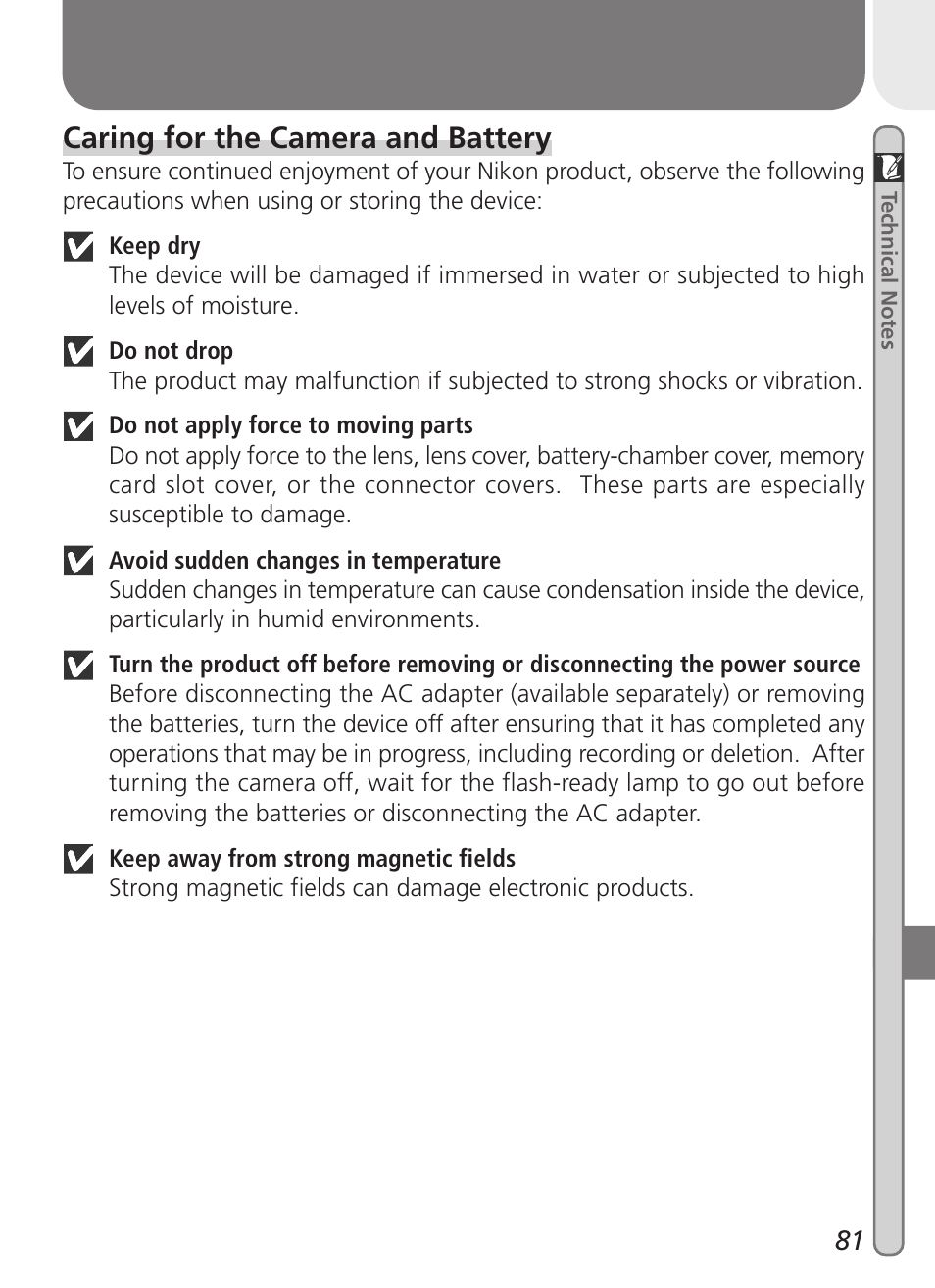 Caring for the camera and battery | Nikon 2000 User Manual | Page 91 / 104