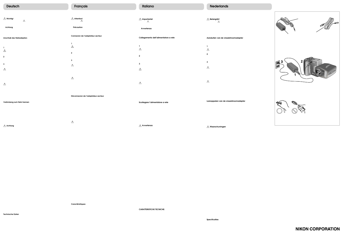Nederlands italiano français deutsch | Nikon EH-31 AC Adapter User Manual | Page 2 / 2