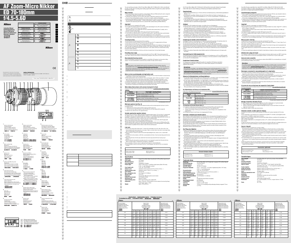 Nikon AF Micro 70-180mm f-4.5-5.6D ED User Manual | 2 pages