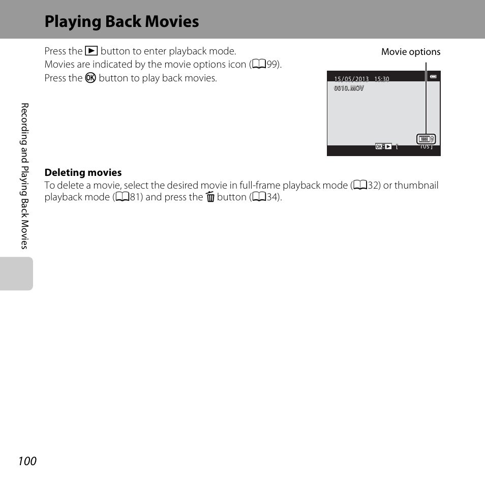 Playing back movies | Nikon S5200 User Manual | Page 122 / 284