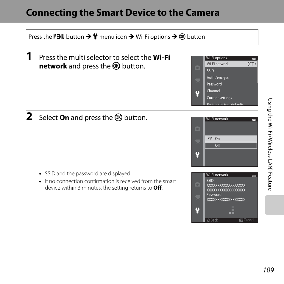 Connecting the smart device to the camera, Select on and press the k button | Nikon S5200 User Manual | Page 131 / 284