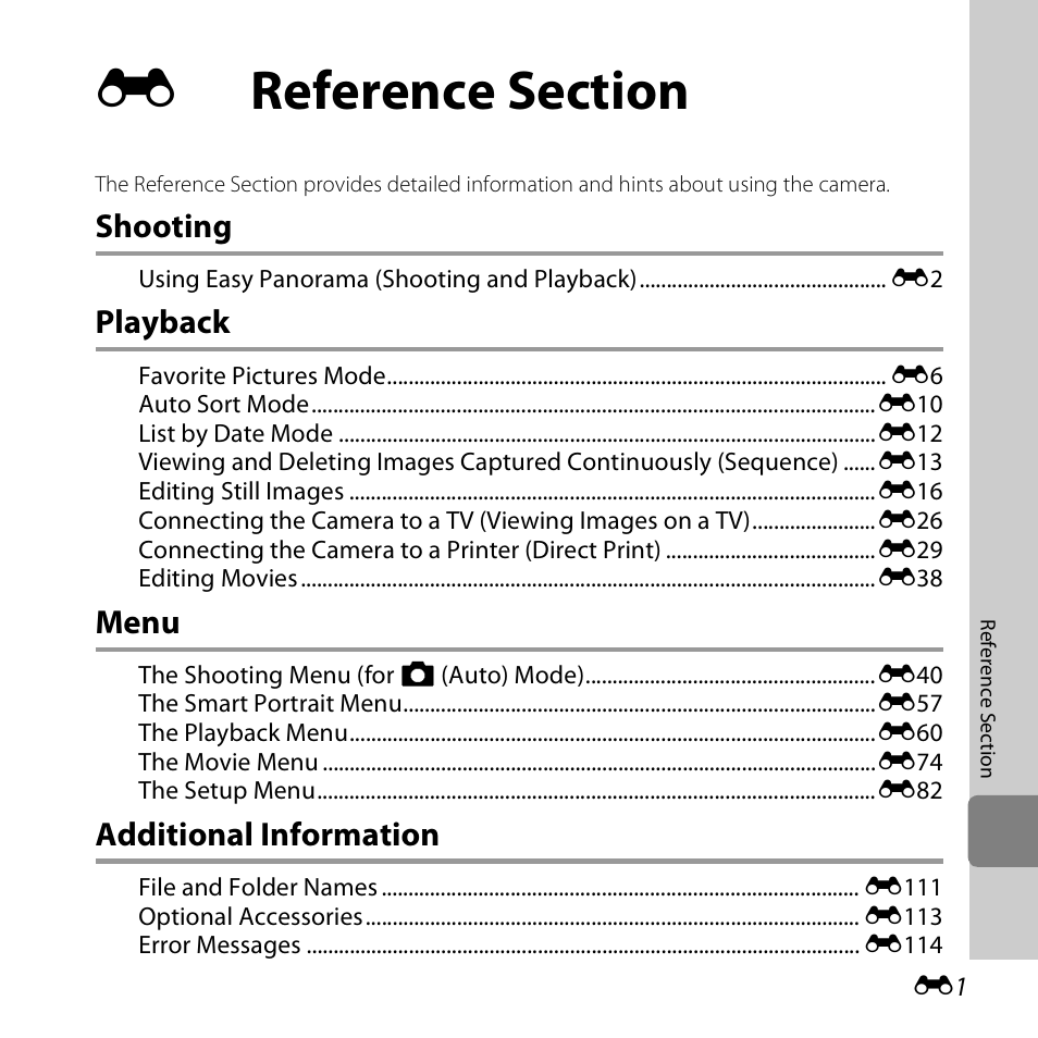 Reference section, Shooting, Playback | Menu, Additional information | Nikon S5200 User Manual | Page 133 / 284
