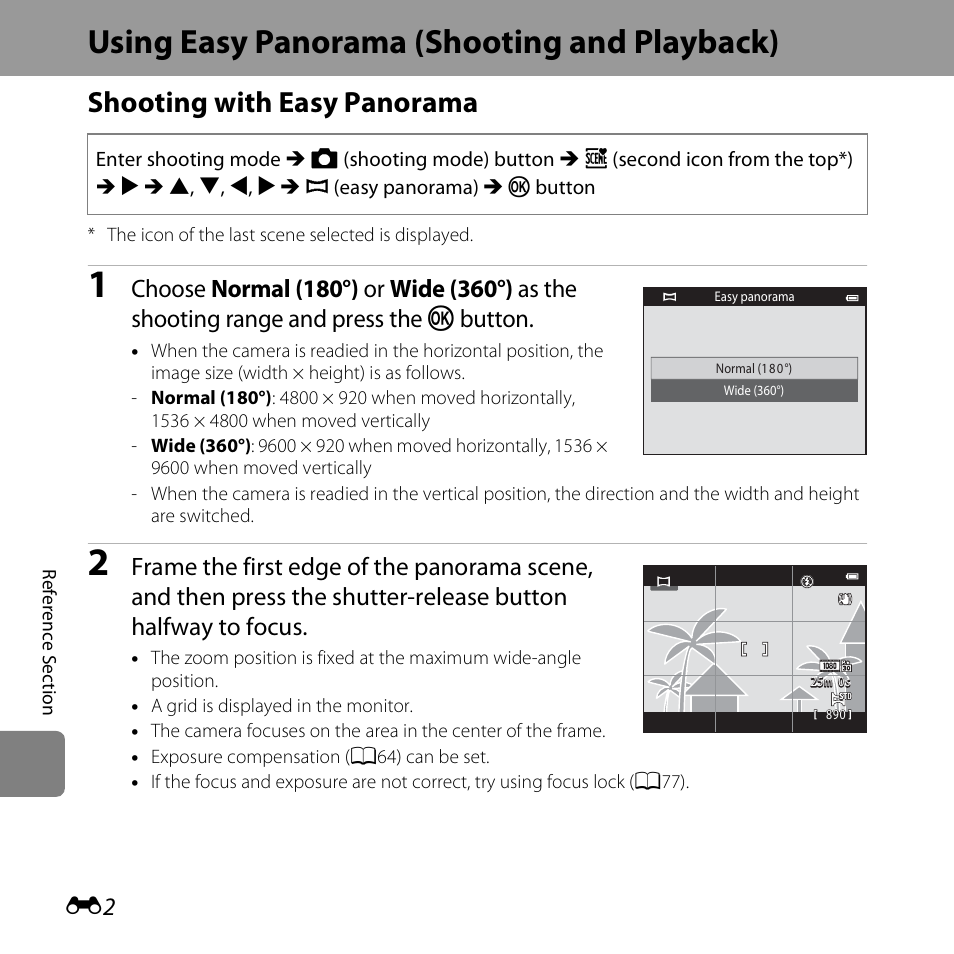 Using easy panorama (shooting and playback), Shooting with easy panorama | Nikon S5200 User Manual | Page 134 / 284