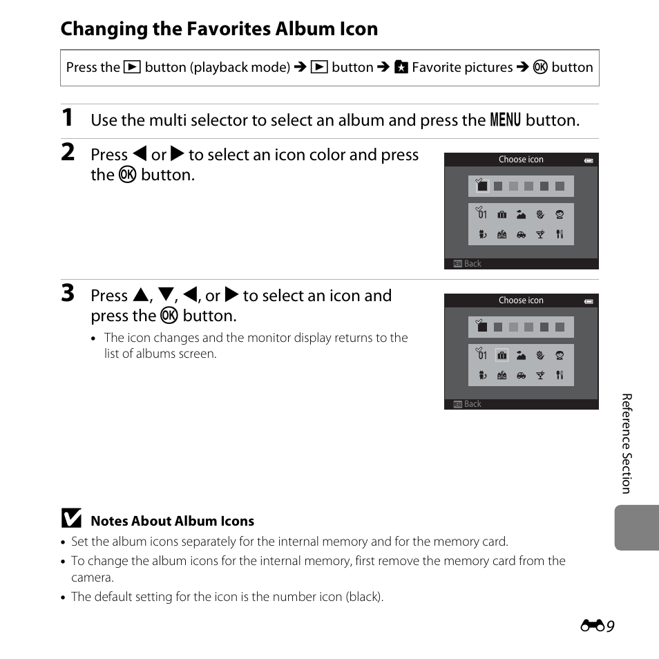 Changing the favorites album icon | Nikon S5200 User Manual | Page 141 / 284