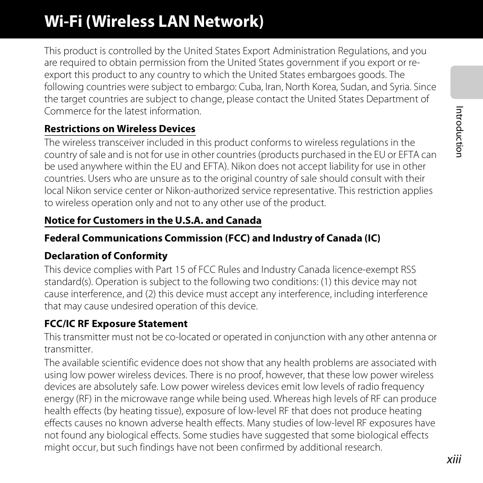 Wi-fi (wireless lan network), Xiii | Nikon S5200 User Manual | Page 15 / 284