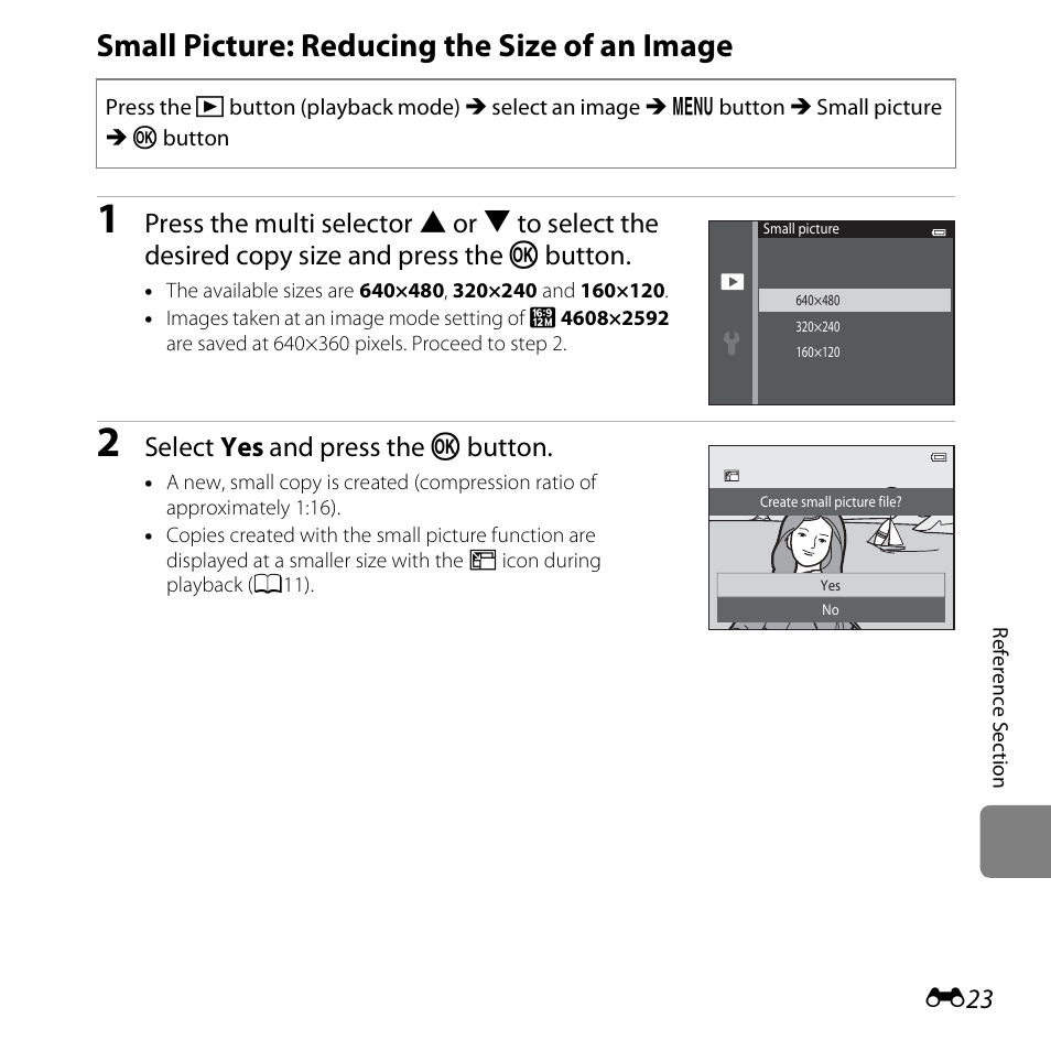 Small picture: reducing the size of an image, E23), Select yes and press the k button | Nikon S5200 User Manual | Page 155 / 284