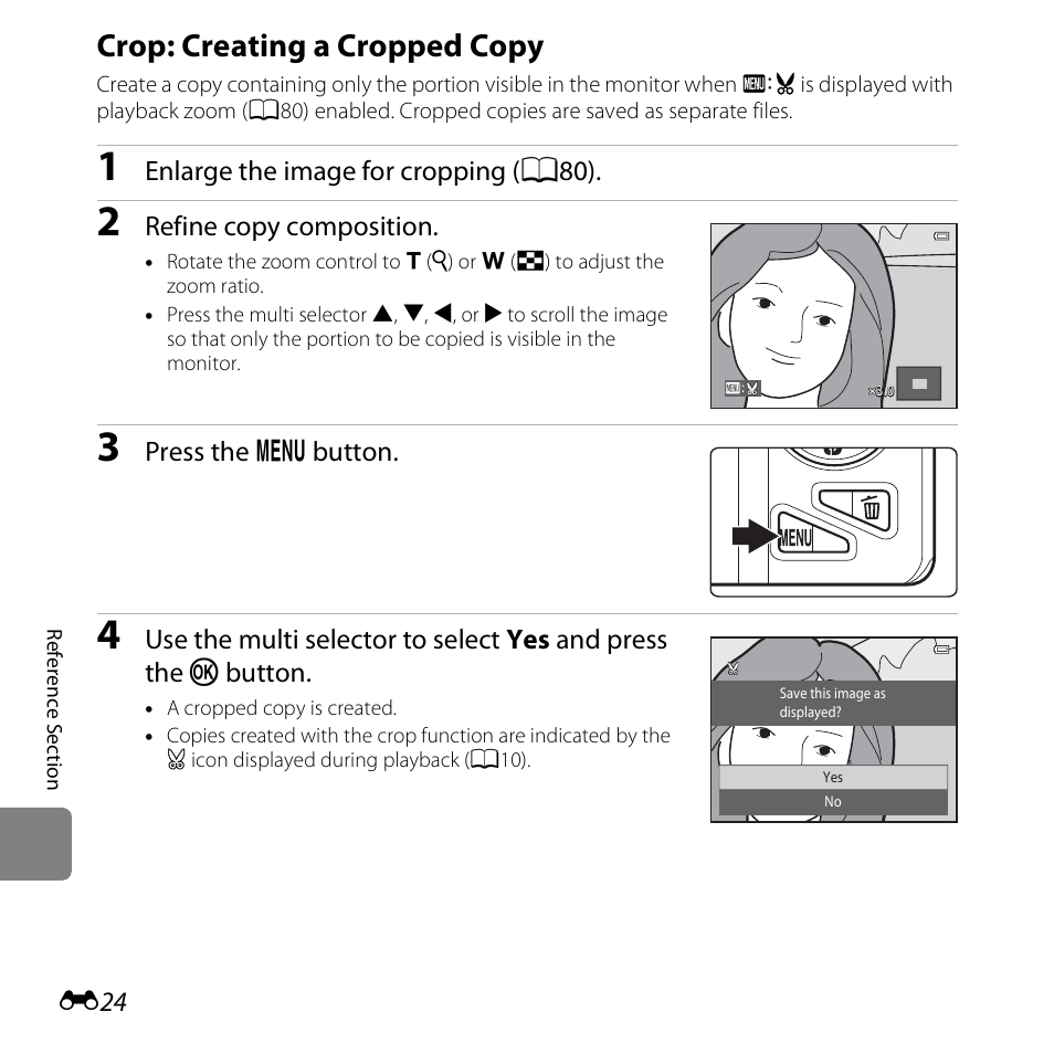 Crop: creating a cropped copy, E24) | Nikon S5200 User Manual | Page 156 / 284