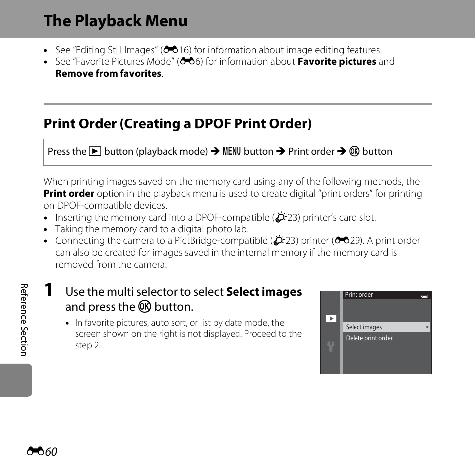 The playback menu, Print order (creating a dpof print order), E60) | Nikon S5200 User Manual | Page 192 / 284