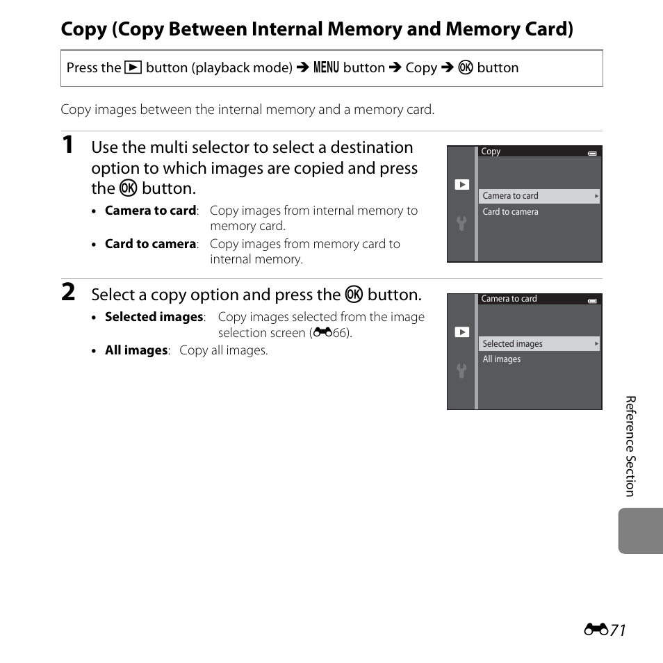 E71), Select a copy option and press the k button | Nikon S5200 User Manual | Page 203 / 284