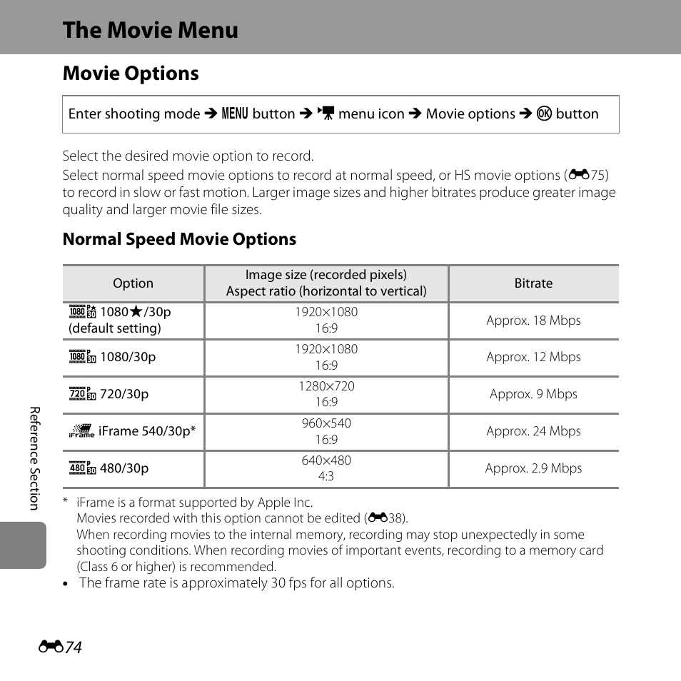 The movie menu, Movie options, E74) c | Normal speed movie options | Nikon S5200 User Manual | Page 206 / 284