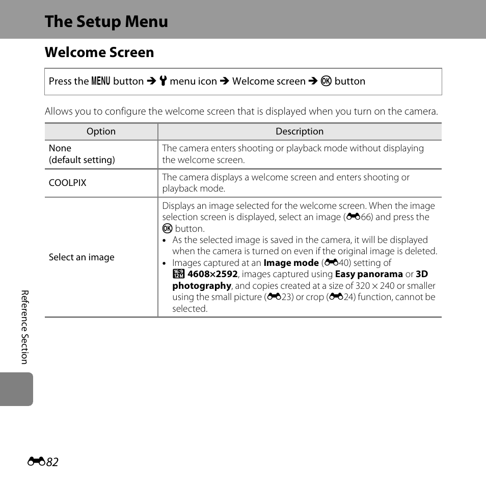 The setup menu, Welcome screen, E82) | Nikon S5200 User Manual | Page 214 / 284